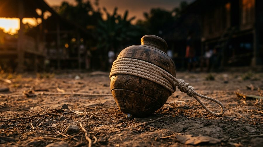 Gasing kayu dengan tali yang dililit rapi di tanah lapang dengan cahaya jingga senja