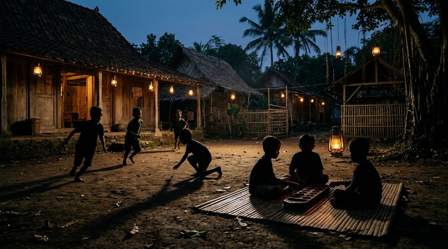 Siluet anak-anak bermain permainan tradisional di halaman kampung saat senja dengan lampu hangat